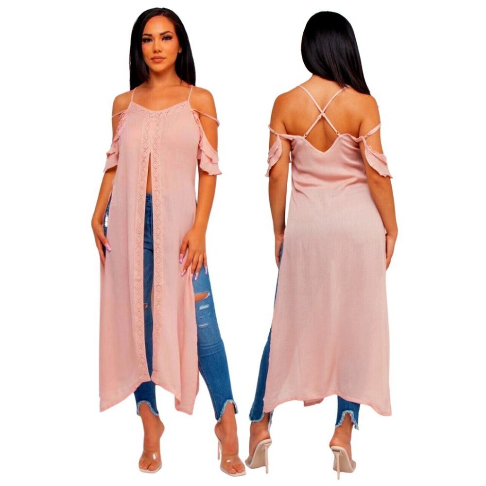 NWT Sheer Pink Spaghetti Ruffled Sleeve Tunic Shirt Top-Boho Chic Split Sides